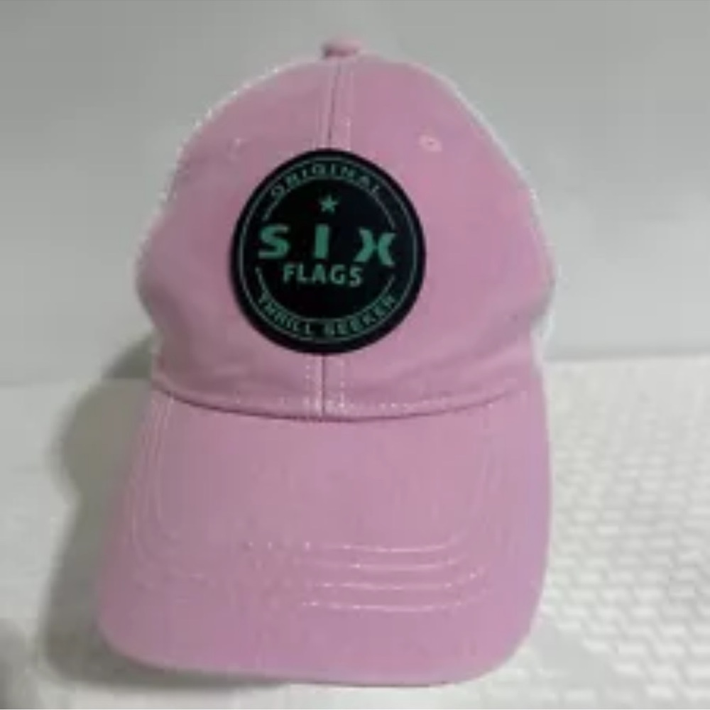 Rare Vtg 90’s Six Flags Thrill Seeker Rollercoaster PINK/WHITE Snapback Hat.